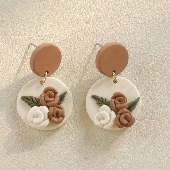 Three-dimensional Brown Flower Handmade Soft Clay Dangle Earrings - Picture 2 of 3